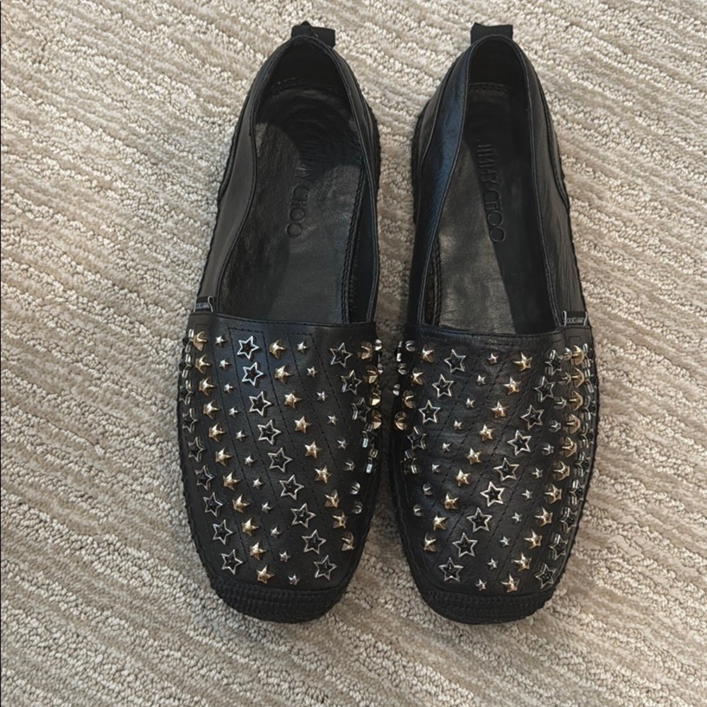 Jimmy Choo Espadrille Black Leather With Stars